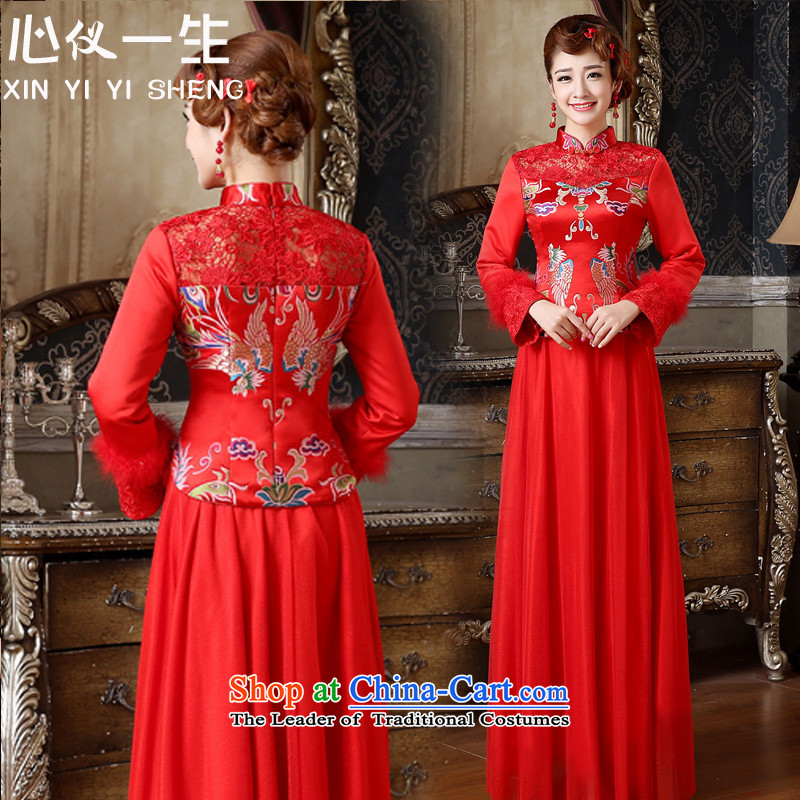 On the first of the wedding dress 2015 Winter New Red Lace Embroidery service long-sleeved improvements marriage bows of nostalgia for the long load cotton dress red , L, heart qipao scanner (xinyiyisheng) , , , shopping on the Internet