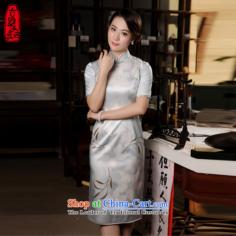 The Wu Female Red Silk Cheongsam, long-sleeved_ 2015 Fall_Winter Collections New Silk Cheongsam dress sauna dresses silver gray S