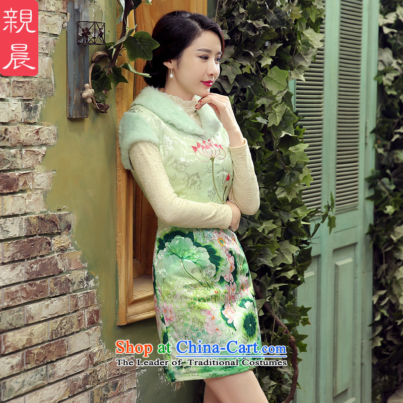The pro-am cheongsam dress autumn and winter 2015 new stylish daily maximum code improved clip cotton short, thin hair graphics collar pale green M, PRO-AM , , , shopping on the Internet
