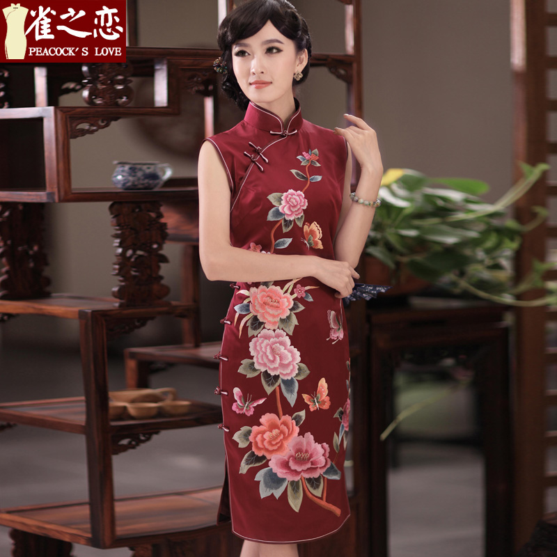 The birds she letter?spring 2015 the new classic manually push embroidered heavyweight Silk Cheongsam?QD350?wine red?M