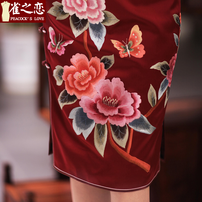 The birds she letter spring 2015 the new classic manually push embroidered heavyweight Silk Cheongsam QD350 wine red M love birds , , , shopping on the Internet