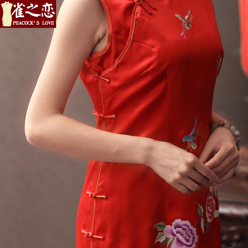 Love birds by this time next year, classic and elegant hand embroidered push heavyweight Silk Cheongsam red bows QD343 Red Bird XXL, Serving Love , , , shopping on the Internet