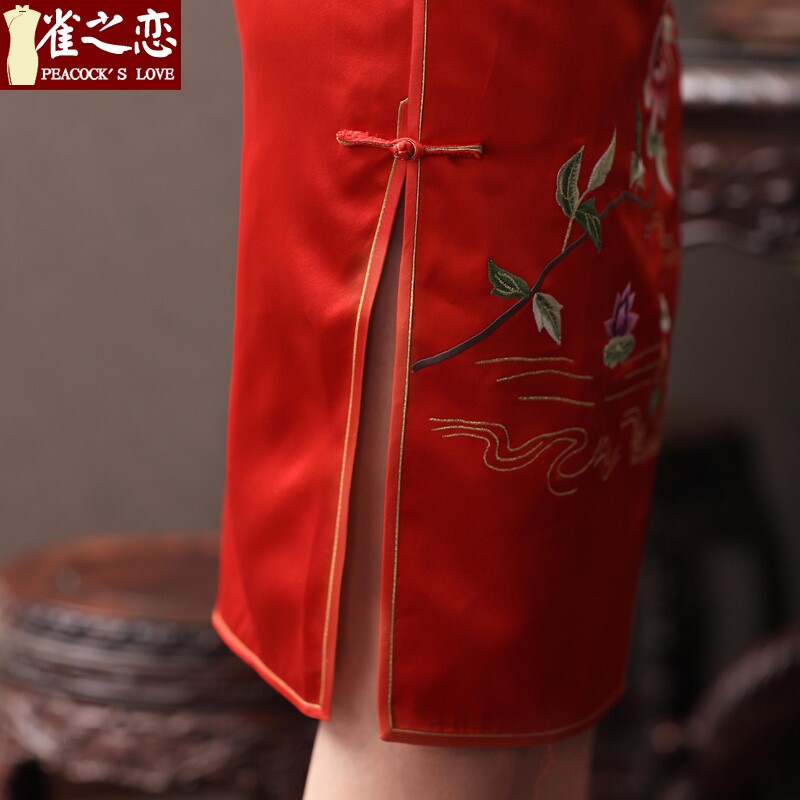 Love birds by this time next year, classic and elegant hand embroidered push heavyweight Silk Cheongsam red bows QD343 Red Bird XXL, Serving Love , , , shopping on the Internet