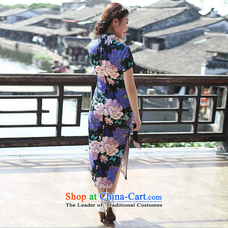 【 Yat- Blue Peony improvements lady Stylish retro long spring and summer 2015, the Republic of Korea qipao new improved cheongsam dress suit M Yat Lady , , , shopping on the Internet