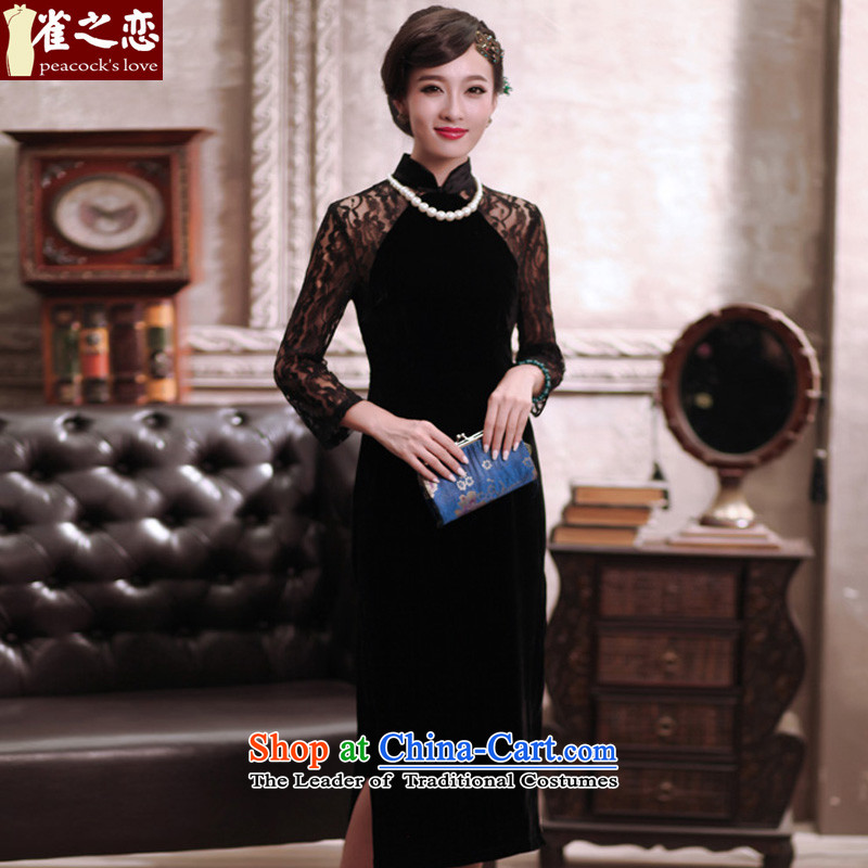 Love of birds glass Yue?Spring 2015 new improved lace stitching cheongsam dress long wool qipao QC373 Black?XL