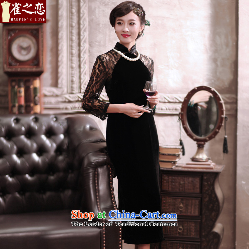 Love of birds glass Yue Spring 2015 new improved lace stitching cheongsam dress long wool qipao QC373 Black XL, love of birds , , , shopping on the Internet