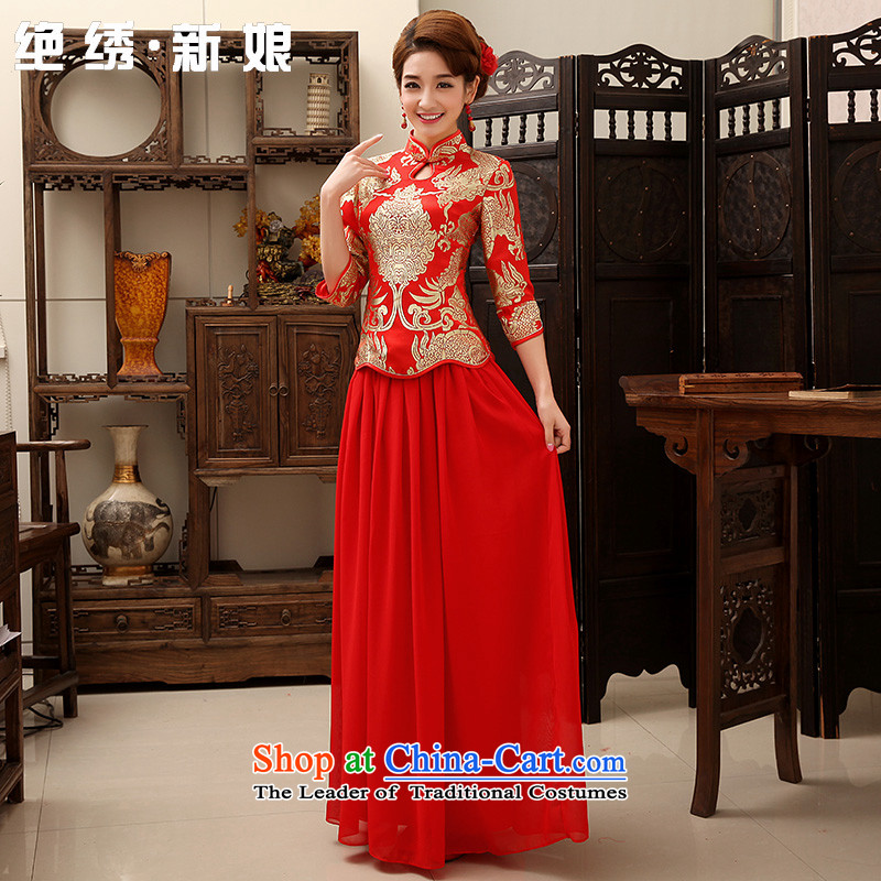Embroidered bride?2015 winter is by no means new services thick retro look like toasting champagne long long-sleeved CHINESE CHEONGSAM without cotton style?XXL?Suzhou Shipment