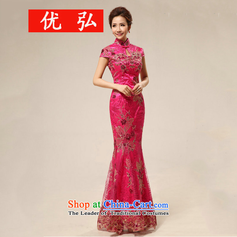 Optimize Hong-Chinese qipao bride bows services retro long qipao hotel courtesy etiquette cheongsam dress summer qipao XS7129 marriage rose red M, Optimize Hong shopping on the Internet has been pressed.