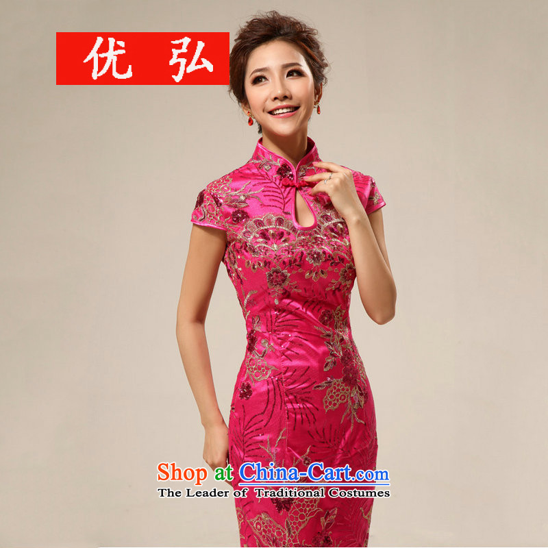 Optimize Hong-Chinese qipao bride bows services retro long qipao hotel courtesy etiquette cheongsam dress summer qipao XS7129 marriage rose red M, Optimize Hong shopping on the Internet has been pressed.
