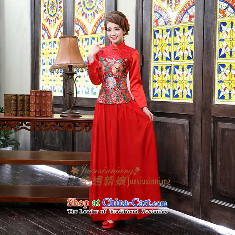 Wedding dress 2015 new long-sleeved clothing bride qipao bows of autumn and winter load unique design tailor-made red does not allow, embroidered bride shopping on the Internet has been pressed.