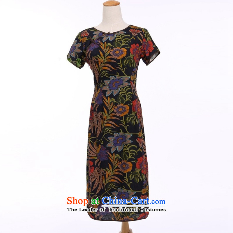 In Wisconsin, 2015 Jie spring and summer New China wind short-sleeved lotus round-neck collar linen in long hand tie in cuff cheongsam dress CQP444 Lotus round-neck collar XXL, Jie, in , , , shopping on the Internet