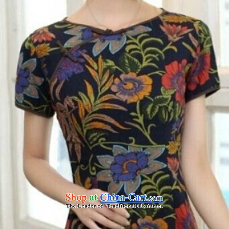 In Wisconsin, 2015 Jie spring and summer New China wind short-sleeved lotus round-neck collar linen in long hand tie in cuff cheongsam dress CQP444 Lotus round-neck collar XXL, Jie, in , , , shopping on the Internet
