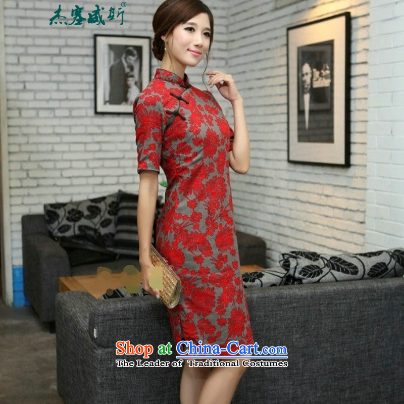 In Wisconsin, 2015 Jie spring and summer China wind in red floral/linen in long hand tie in cuff cheongsam dress NH528 large Lai Ju collar , Cheng Kejie, the , , , shopping on the Internet