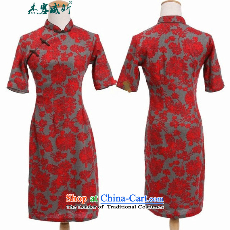 In Wisconsin, 2015 Jie spring and summer China wind in red floral/linen in long hand tie in cuff cheongsam dress NH528 large Lai Ju collar , Cheng Kejie, the , , , shopping on the Internet