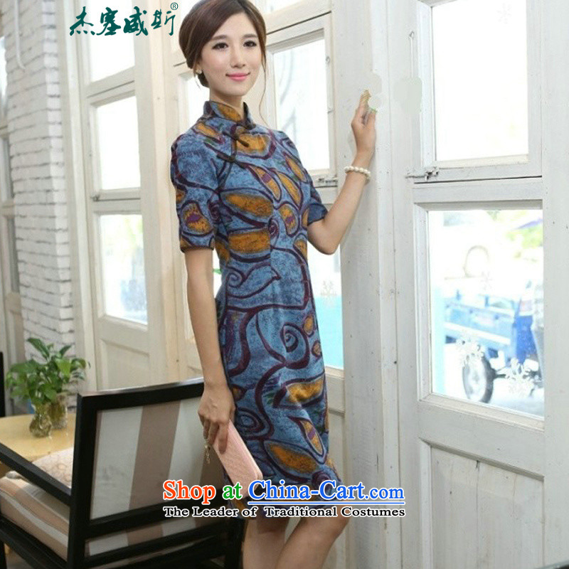 In Wisconsin, 2015 Jie spring and summer China wind-cotton linen collar in the cuff is manually long cheongsam dress dresses BK046 graffiti blue collar , L, Cheng Kejie, the , , , shopping on the Internet