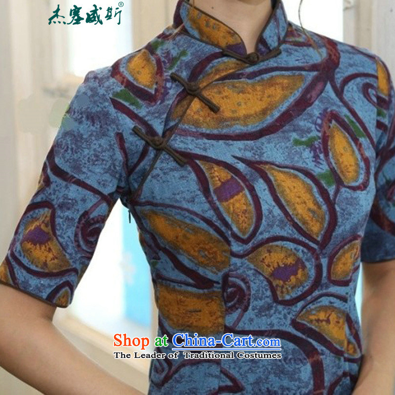In Wisconsin, 2015 Jie spring and summer China wind-cotton linen collar in the cuff is manually long cheongsam dress dresses BK046 graffiti blue collar , L, Cheng Kejie, the , , , shopping on the Internet