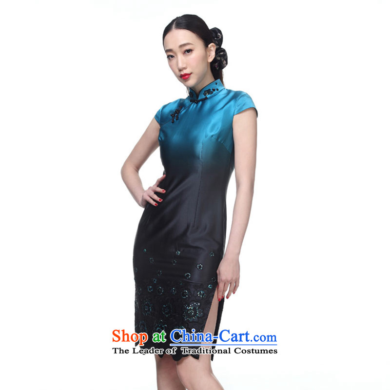 The MOZEN2015 wood really new women's elegant silk embroidery short-sleeved qipao qipao package mail 00962 short 11 light blue XL, Wood , , , the true online shopping