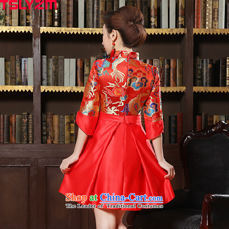 Tslyzm2015 autumn and winter new wedding dress long-sleeved pregnant women improved qipao bows service, bridal dresses skirt embroidery red red m,tslyzm,,, shopping on the Internet