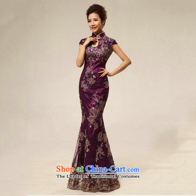 Optimize the NEW Summer Hong-marriage retro improved courtesy service etiquette cheongsam dress XS8188 PURPLE S, Optimize Hong shopping on the Internet has been pressed.