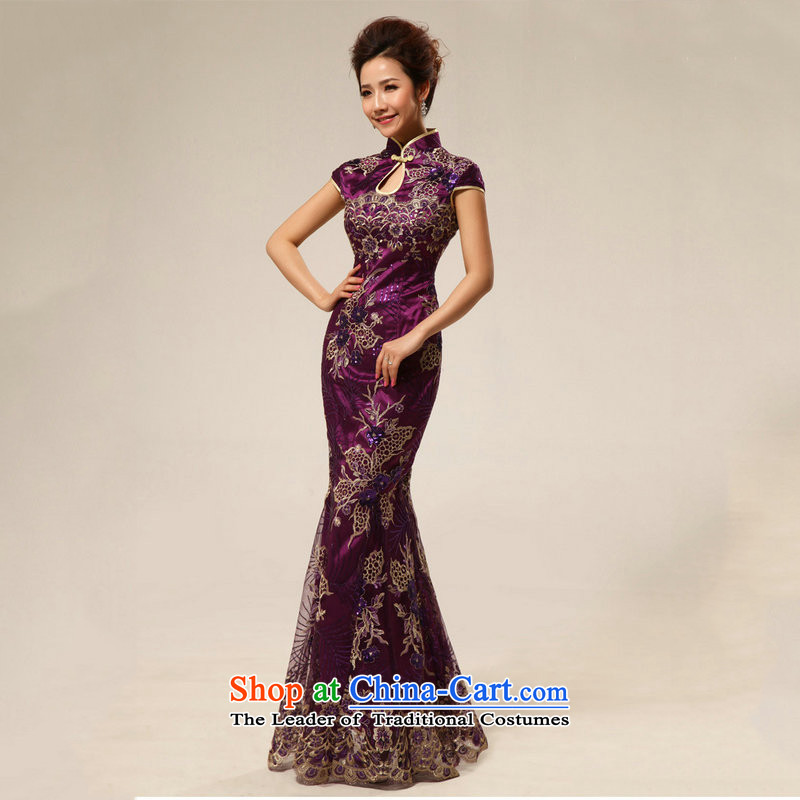 Optimize the NEW Summer Hong-marriage retro improved courtesy service etiquette cheongsam dress XS8188 PURPLE S, Optimize Hong shopping on the Internet has been pressed.