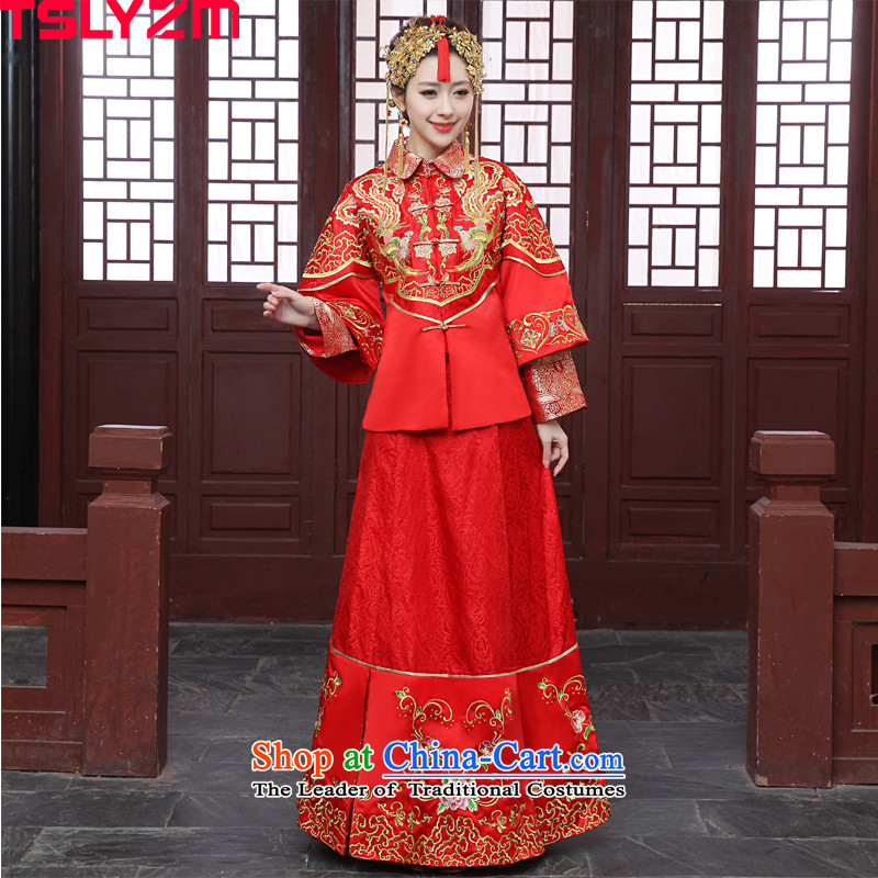 Tslyzm marriages solemnising marriages wedding dress suit Chinese classic wedding dresses embroidery Sau Wo Service costume show kimono dragon use skirt use 2015 autumn and winter red S