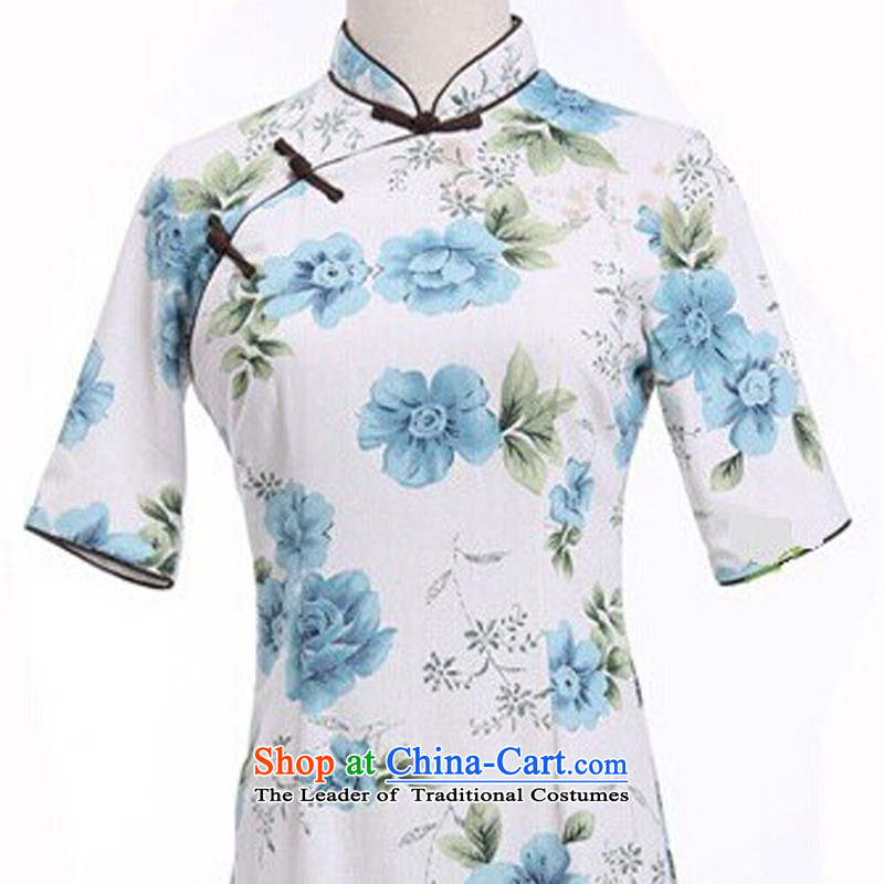 In Wisconsin, 2015 Jie spring and summer new products of ethnic Mock-neck Sau San is manually long improved stylish cotton linen dresses qipao COL544 blue collar Mudan of Jericho, XL, , , , shopping on the Internet