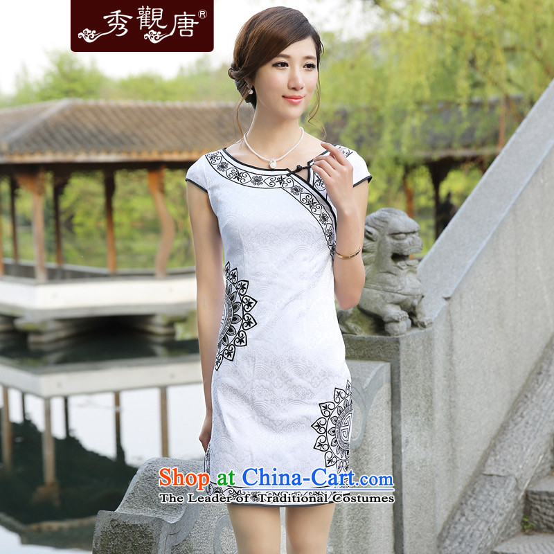 -Sau Kwun Tong- Sunflower 2015 Summer improved cotton robes Sleek and Sexy ethnic cheongsam dress G13516 White XXL