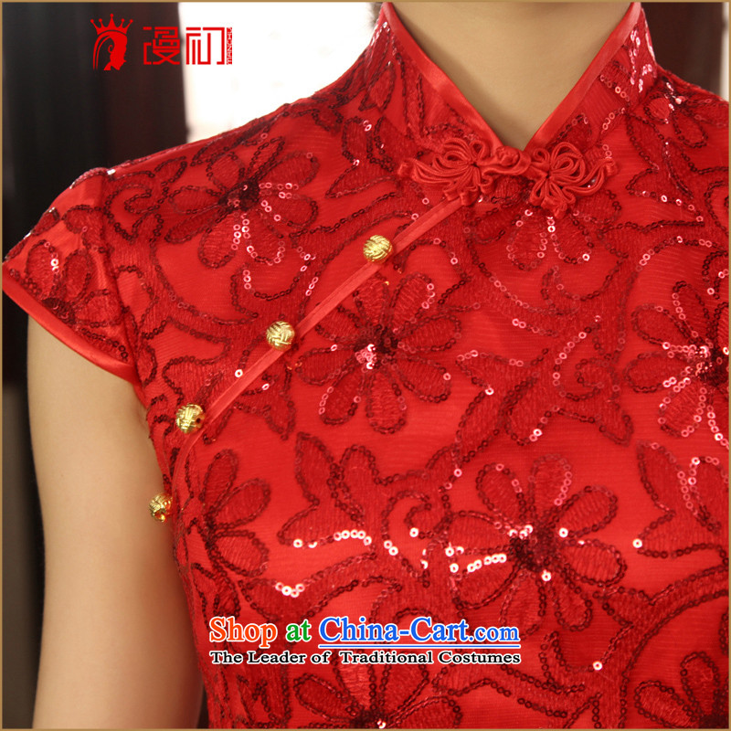 In the early 2015 new man lace on chip short qipao bride improved bows red lace qipao red S, spilling Sau San early shopping on the Internet has been pressed.