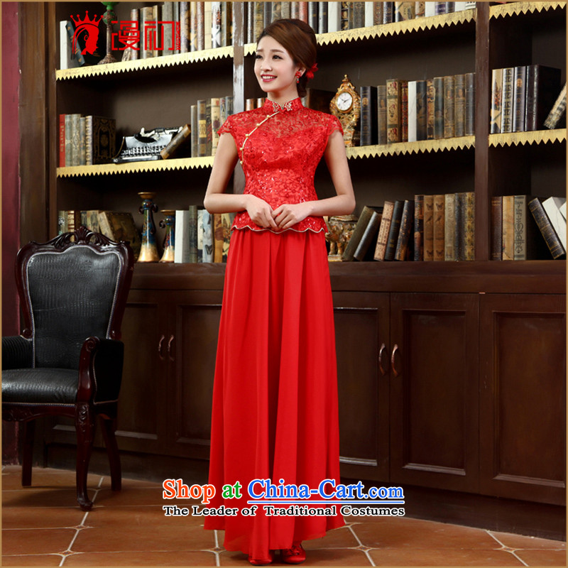 In the early 2015 new man improved stylish long skirt qipao marriages red bows services cheongsam red L