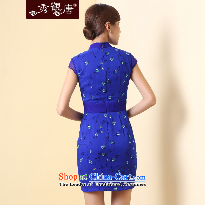 [Sau Kwun Tong] Blue Star Silk Cheongsam 2015 Summer herbs extract tray clip retro women's dresses QD4285 XXL, blue-soo Kwun Tong shopping on the Internet has been pressed.