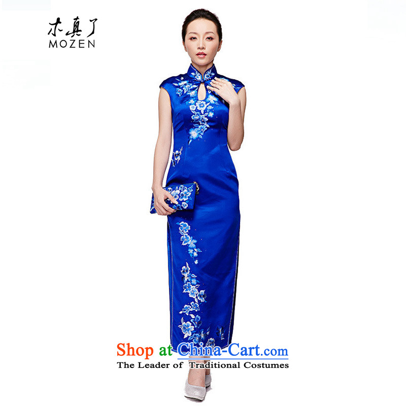 Wooden spring and summer of 2015 really new Chinese high-end embroidery long silk cheongsam dress elegant qipao temperament skirt NO.22016 visitor 11 Blue XL