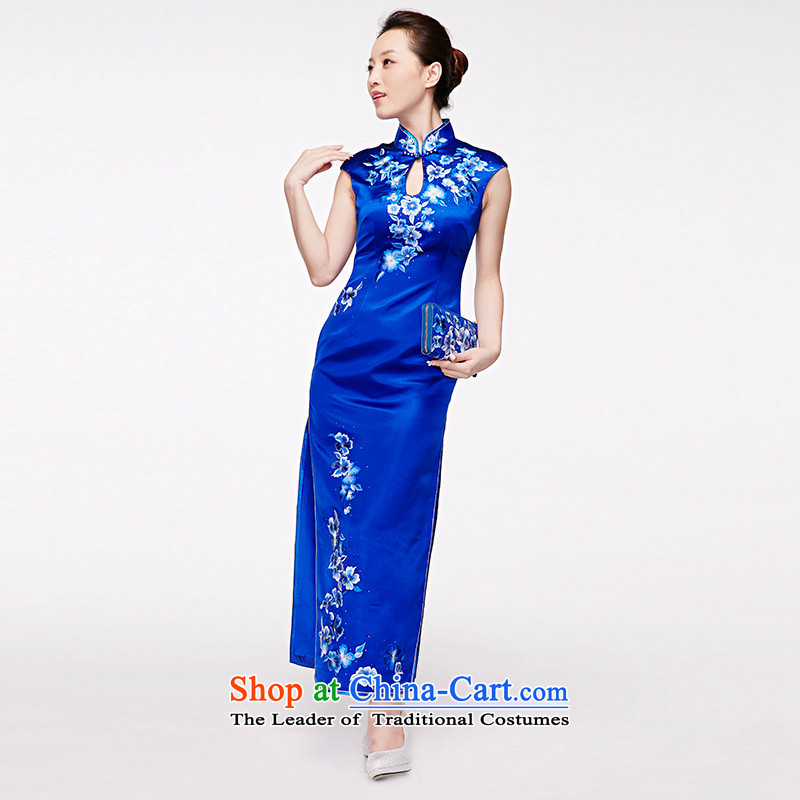 Wooden spring and summer of 2015 really new Chinese high-end embroidery long silk cheongsam dress elegant qipao temperament skirt NO.22016 visitor 11 Blue XL, Wood , , , the true online shopping