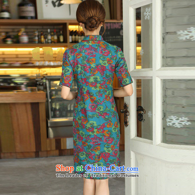 In Wisconsin, 2015 Jie spring and summer China wind-cotton linen collar short-sleeved manually and knee in long cheongsam dress female QP701 Yat blue collar XL, Cheng Kejie, the , , , shopping on the Internet