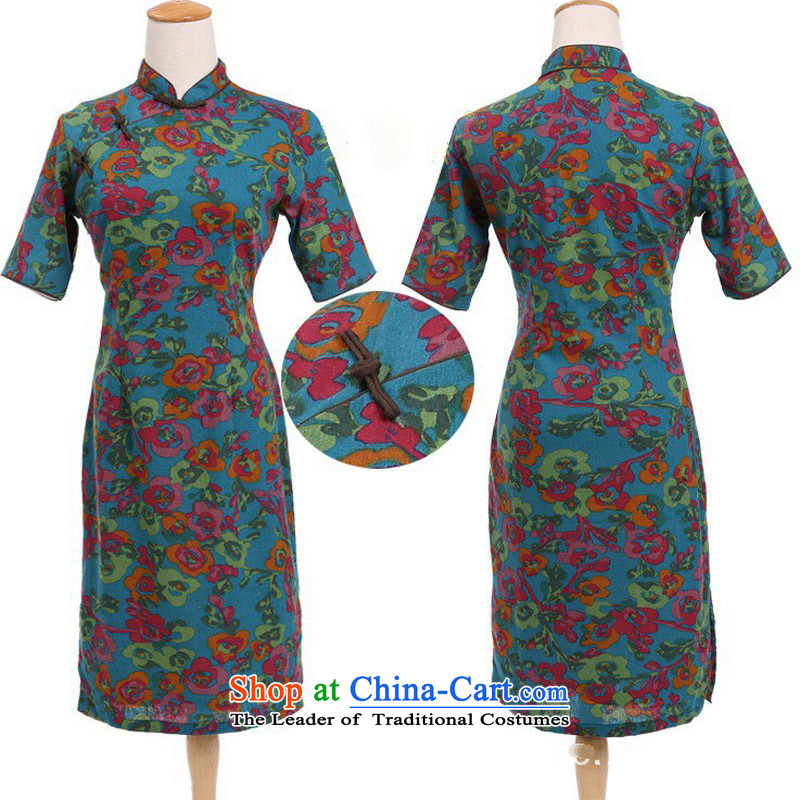 In Wisconsin, 2015 Jie spring and summer China wind-cotton linen collar short-sleeved manually and knee in long cheongsam dress female QP701 Yat blue collar XL, Cheng Kejie, the , , , shopping on the Internet