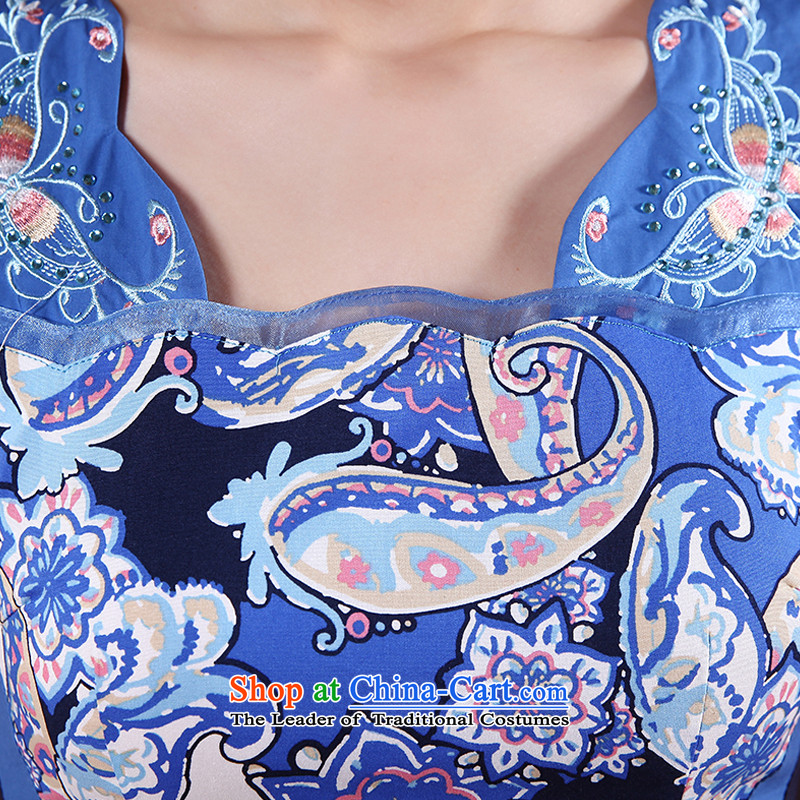 Morning new qipao Land summer short of improvement and Stylish retro Chinese cheongsam dress short-sleeved LOW COLLAR 564111 Blue 155/S, morning land has been pressed shopping on the Internet
