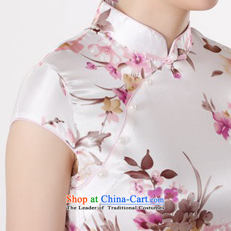 In the new Jie) Improved collar retro stamp short-sleeved Tang dynasty cheongsam dress LJ5134 female white XL, Cheng Kejie in Wisconsin, , , , shopping on the Internet