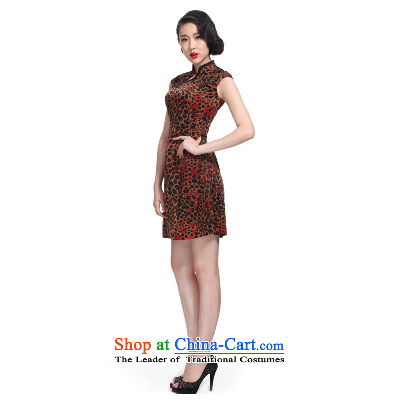 The 2015 summer wood really new Chinese elegant leopard silk cheongsam dress 871 08 coffee ground red dot XL, wooden really a , , , shopping on the Internet