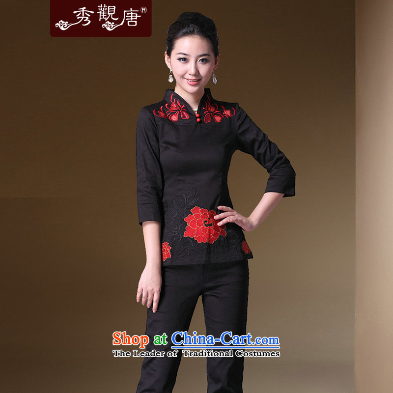 -Sau Kwun Tong- Midnight Fireworks stylish Tang blouses noble_spring and summer Tang Dynasty Ms._Chinese embroidery in black sleeveless tops _G20312 cuff?M