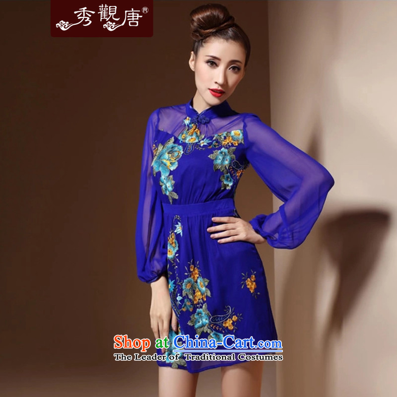 [Sau Kwun Tong] Blue Yu upscale silk embroidery cheongsam 2015 spring/summer long-sleeved stylish silk cheongsam dress temperament HC3868 blue , L, Sau Kwun Tong shopping on the Internet has been pressed.