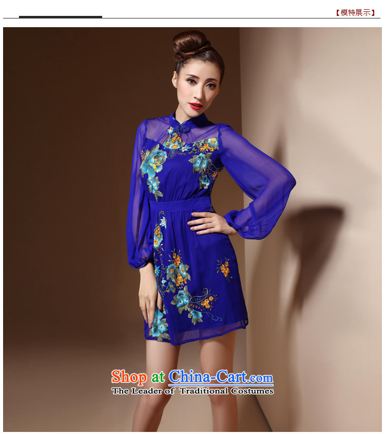 [Sau Kwun Tong] Blue Yu upscale silk embroidery cheongsam 2015 spring/summer long-sleeved stylish silk cheongsam dress temperament HC3868 BLUE L picture, prices, brand platters! The elections are supplied in the national character of distribution, so action, buy now enjoy more preferential! As soon as possible.