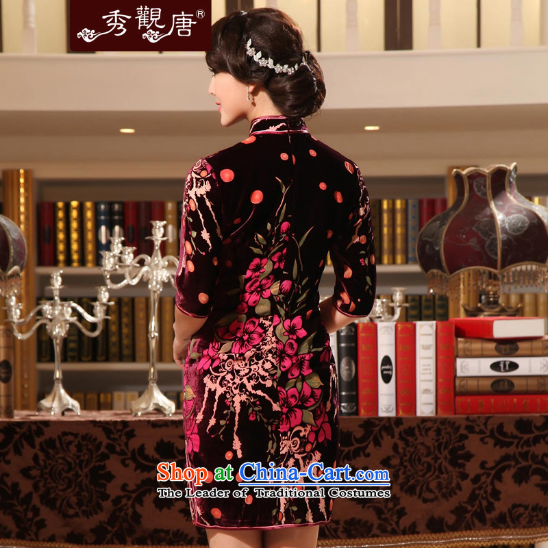 [Sau Kwun Tong] spend to staff of a classical cuff Silk Cheongsam 2014 Summer new flocking silk cheongsam dress stamp G911391 better red XXL, Sau Kwun Tong shopping on the Internet has been pressed.