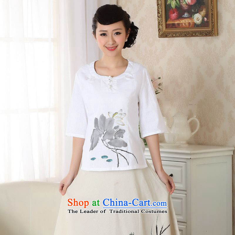Ms. Li Jing Tong Women's clothes summer blouses cotton linen hand-painted Chinese Han-women improved national wind cuff A0058  2XL( white 150 - 160131) to the burden of the proposed jing shopping on the Internet has been pressed.