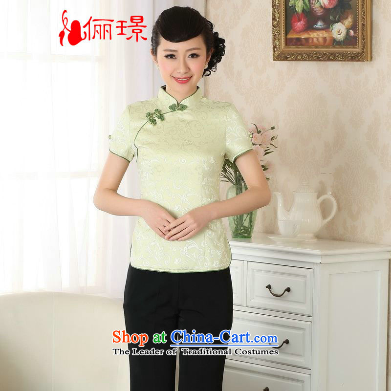 Ms. Li Jing Tong Women's clothes summer shirt collar ramp up disc detained Chinese Han-Tang dynasty improved women's short-sleeved?green?3XL_ A0052 -A recommendation 150 - 160131 catty_
