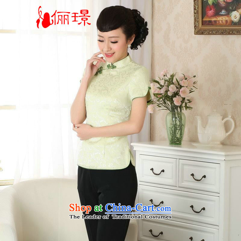 Ms. Li Jing Tong Women's clothes summer shirt collar ramp up disc detained Chinese Han-Tang dynasty improved women's short-sleeved green 3XL( A0052 -A catty) 158 150 - 160131 Recommended jing shopping on the Internet has been pressed.