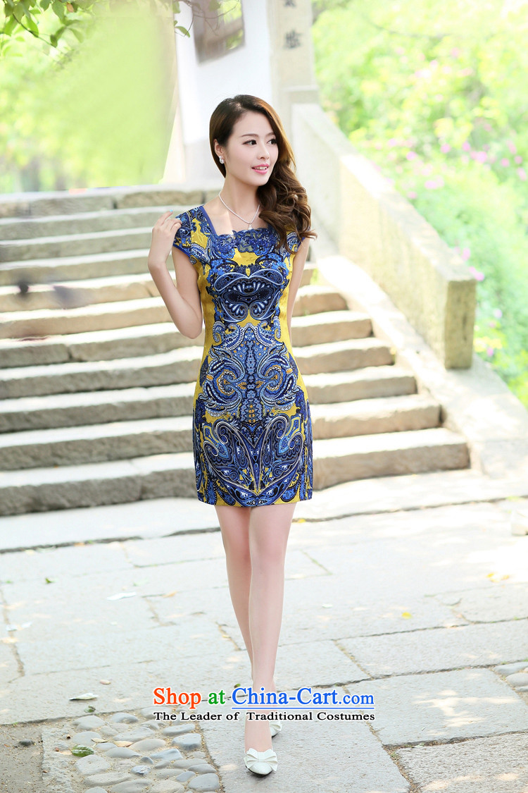 The Golan 2015 Hong female new ethnic Tang Dynasty Chinese embroidery on short-sleeved ink retro Sau San video thin yellow M pictures qipao skirts, prices, brand platters! The elections are supplied in the national character of distribution, so action, buy now enjoy more preferential! As soon as possible.
