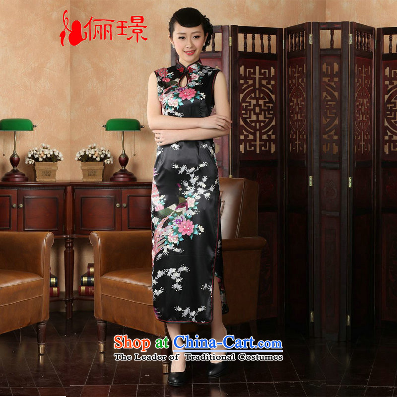 158 Jing qipao summer improved retro dresses collar silk cheongsam dress improved Chinese Peacock long?black?XL_ recommendations 115-120 KQ1001 catties_