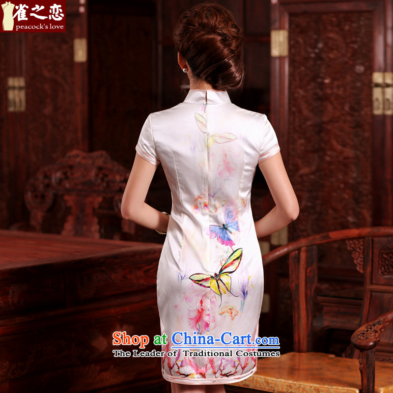 Love of birds and edge Butterfly Spring 2015 Hiu new improved stylish short of Silk Cheongsam QD469 painted pink love of birds, , , , shopping on the Internet