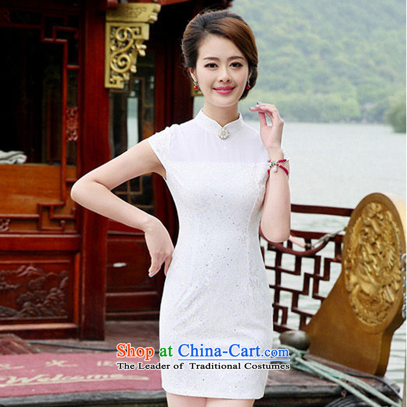 ?The 2014 summer season arrogance new retro cheongsam dress Sau San lace Chinese cheongsam dress marriages skirt White?XL