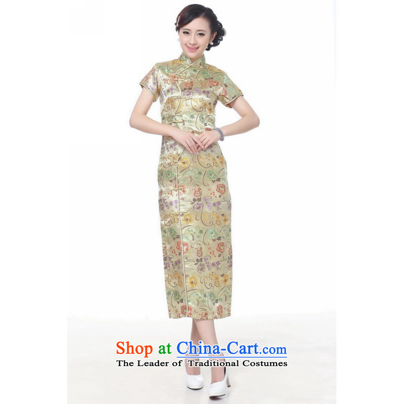 Yet women's floor building new summer Ms. collar short-sleeved in long hand-painted Chinese improved qipao retro fitted female C0002 TANG XL_38 Gold