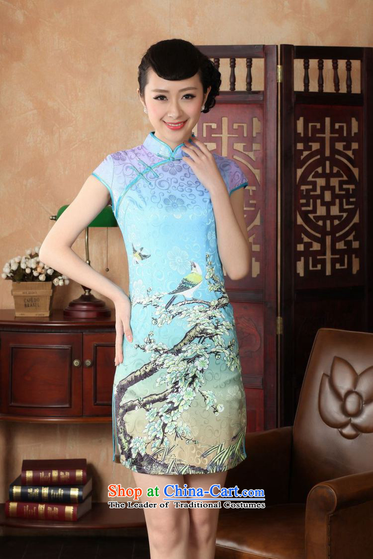 Yet women's floor building new summer Ms. Short-Sleeve Mock-Neck Tray Tie China wind Chinese improved hand-painted large retro cheongsam dress suit Female Tang dynasty blue S/32 Lake -A Picture, prices, brand platters! The elections are supplied in the national character of distribution, so action, buy now enjoy more preferential! As soon as possible.